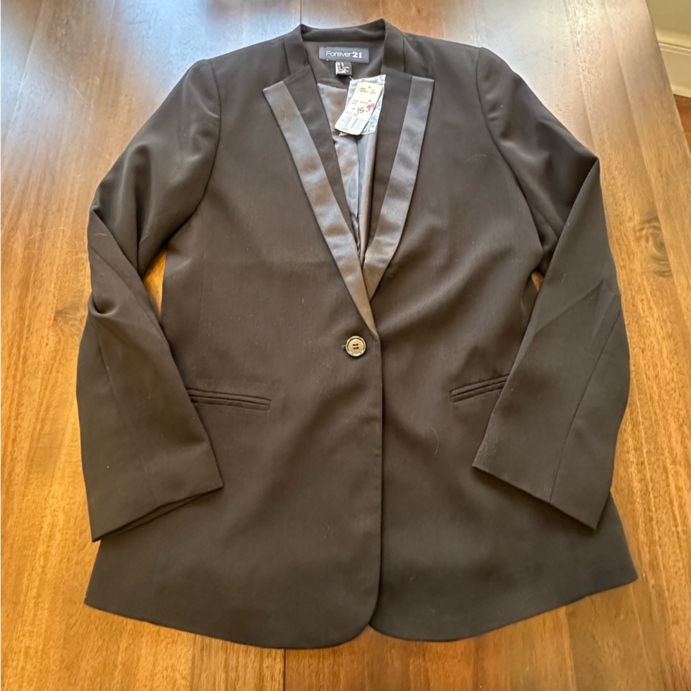 Forever 21 Black Satin-Trim Single-Button Blazer Jacket